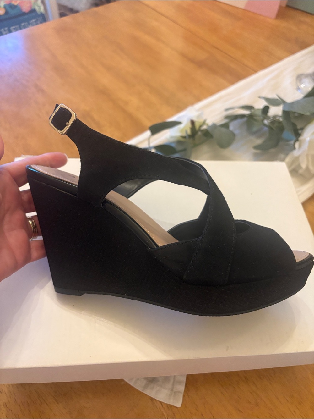 Alfani Black Suede Crisscross Wedge Sandals - Picture 3 of 7